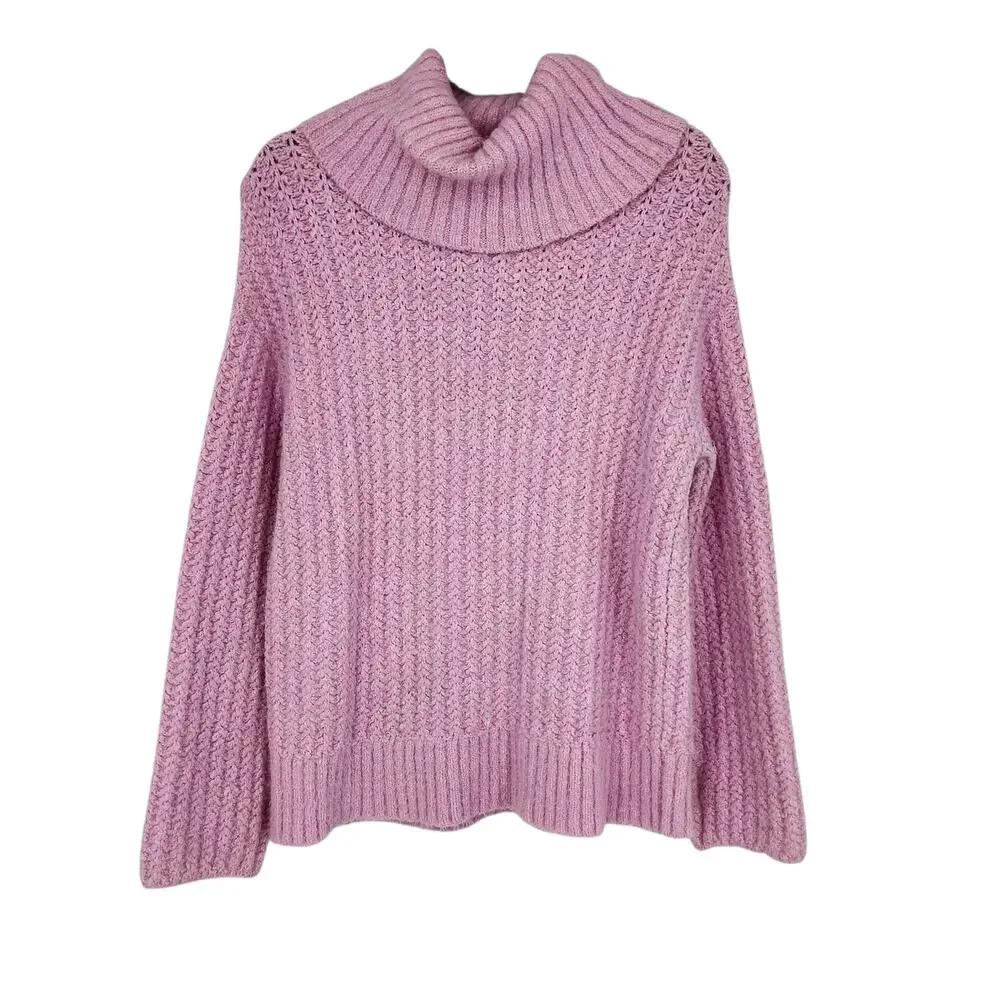 Anthropologie Maeve Chenille Chunky Knit Pink Cowl Turtleneck Sweater Size Small